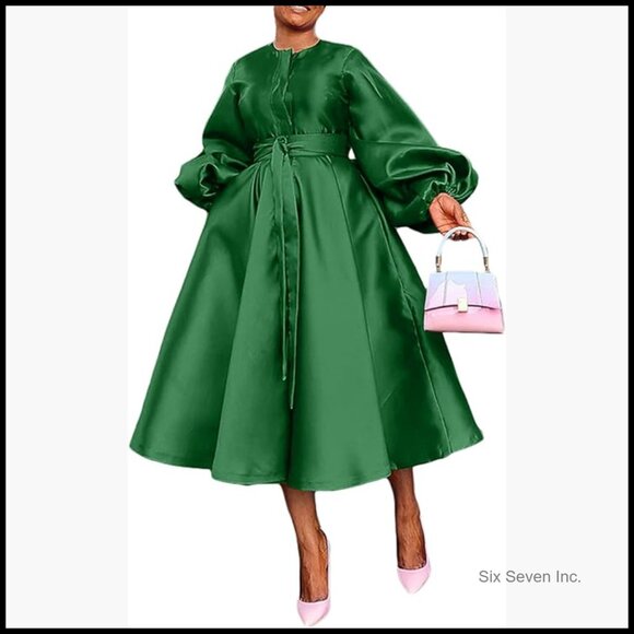Dresses & Skirts - Satin Long Sleeve A Line Maxi Dress with Pockets Semi Formal